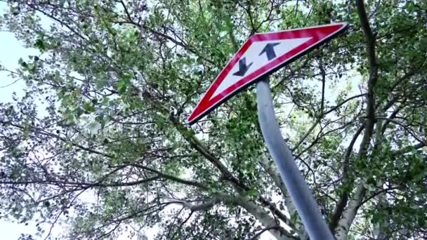 Panneau routier Trafic bidirectionnel sur un poteau gris courbé près d'un arbre — Video