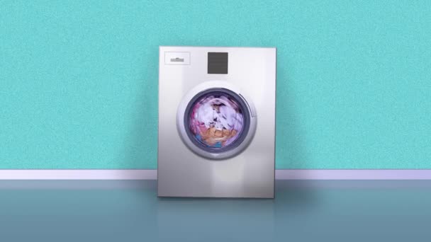 Maszyna odbija się od wibracji prania prania na lazurowej ścianie — Wideo stockowe