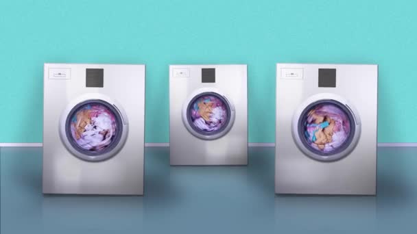 Machines with blank screens jump washing dirty laundry — Stock Video