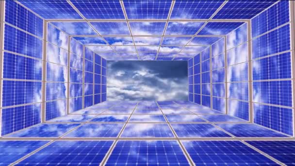 Chambre avec murs de panneaux solaires et nuages blancs reflet — Video
