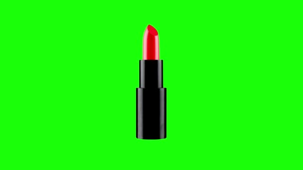 Stijlvolle rode lippenstift in zwarte buis op groene chromakey — Stockvideo