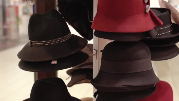 Projektant filcowe kapelusze brązowe i czerwone kolory wiszące na wieszaku — Wideo stockowe