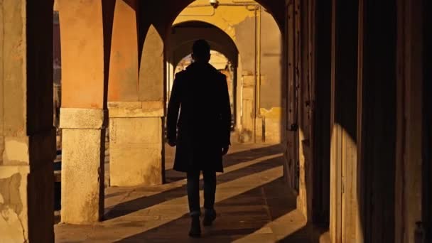 Ragazzo in cappotto scuro cammina lungo arco passaggio su argine — Video Stock