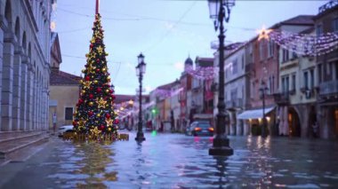 Sel suları caddeyi renkli Noel ağaçlarıyla kaplıyor