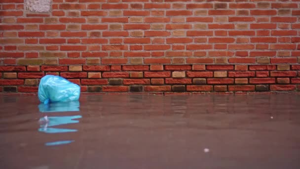 Plastový sáček s odpadky plave na vodě po silné povodni — Stock video