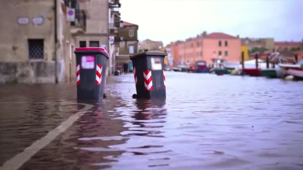 Grå plast papperskorgar flyter på gatan täckt med översvämning — Stockvideo