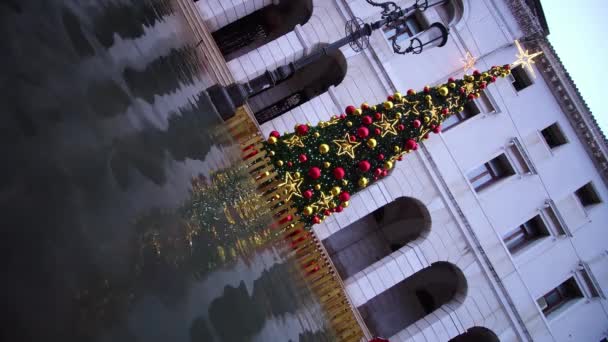 Árbol de Navidad artificial refleja en el agua de inundación en diagonal — Vídeos de Stock