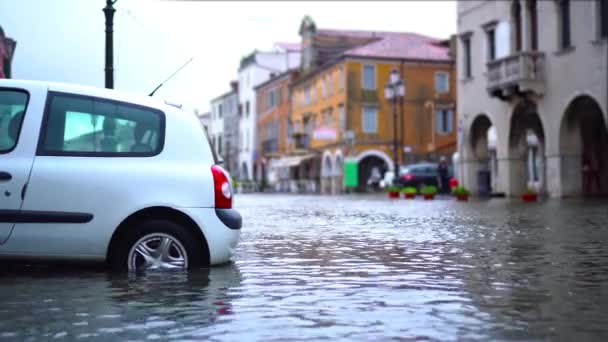 Сучасний білий автомобіль стоїть між водою високого рівня. — стокове відео