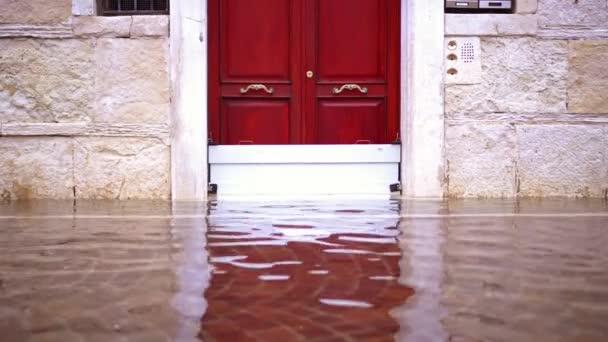 Puerta de entrada lacada marrón se refleja en el agua de alta inundación — Vídeos de Stock