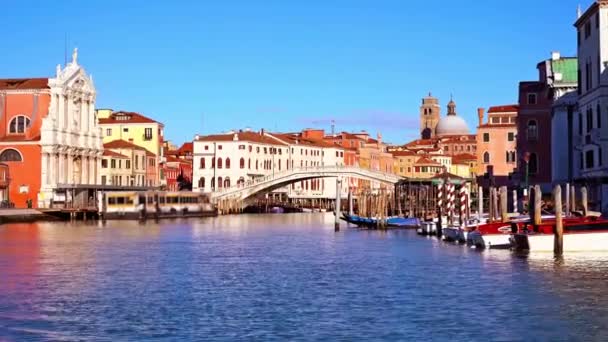 Canal Grande con gondole ormeggiate e ponte Scalzi — Video Stock