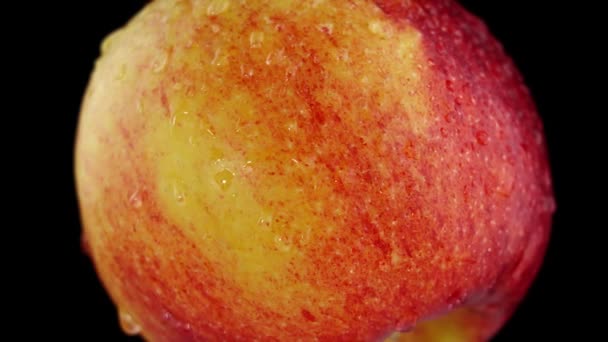 검은 배경에 빨간 사과와 노란 사과 주위를 돌고 있는 모습 — 비디오