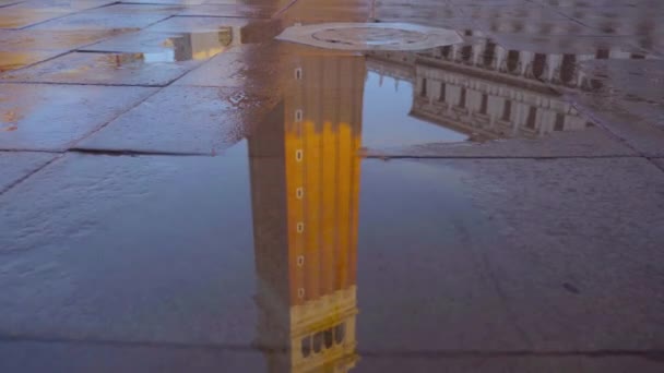 Alto campanario reflexiona sobre el asfalto cerca del museo del Palacio Ducal — Vídeos de Stock