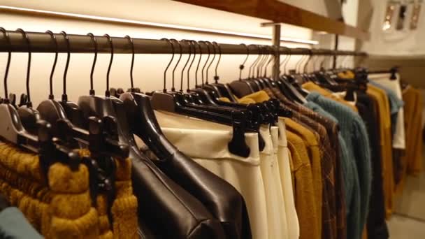 Movimento ao longo rack com roupas novas mulheres elegantes na loja — Vídeo de Stock