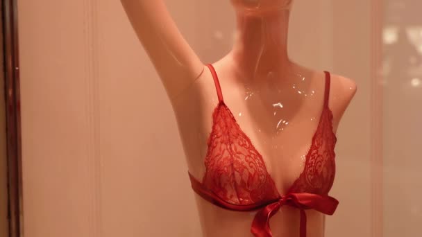 Manekin w eleganckiej czerwonej bralecie koronkowej z kokardą w sklepie — Wideo stockowe