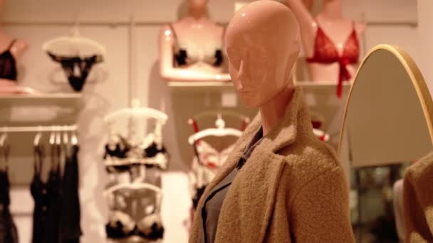 Figurína ve stylové béžové dámské kabát stojí v blízkosti zrcadla — Stock video