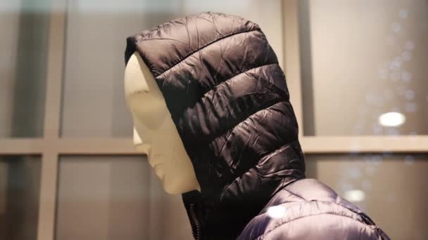 Mannequin i nye mænd jakke med hætte står i udstillingsvindue – Stock-video