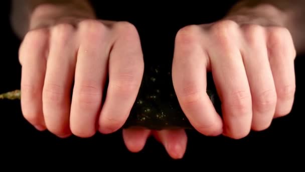 Man hands break fresh juicy cucumber on black background — Stock Video