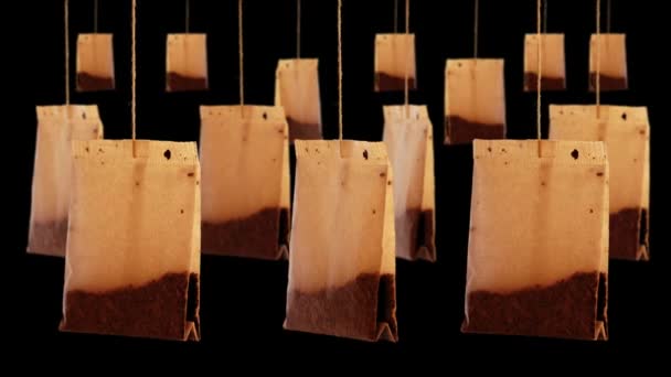Använda bruna tepåsar med naturlig brygd hänga på svart närbild — Stockvideo