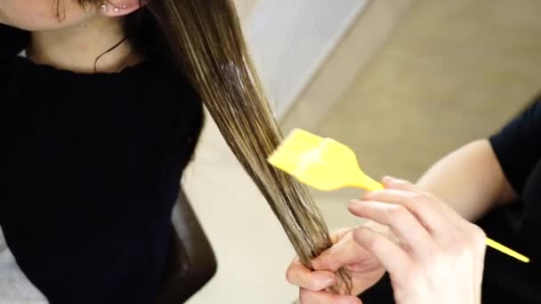 Peluquería aplica fijador en el cabello de la mujer con cepillo amarillo — Vídeo de stock