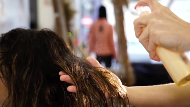 Парикмахер наносит спрей на женщину влажные волосы замок в салоне — стоковое видео