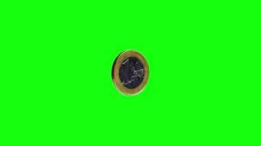 Shiny one euro coin with ribbed side on green background