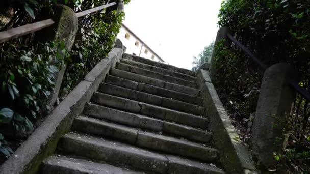 Föråldrade grå trappor med bruna metallrostiga ledstänger — Stockvideo