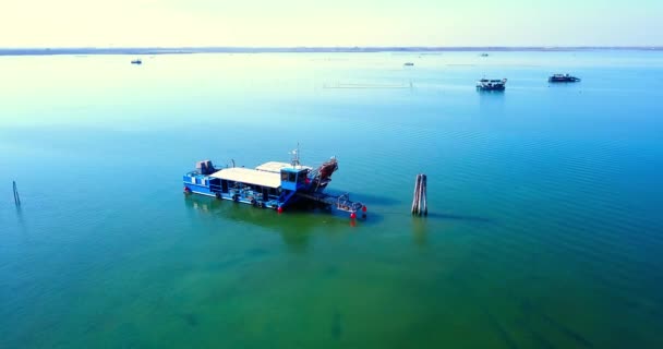 Barco industrial que realiza pesca de moluscos en laguna — Vídeos de Stock