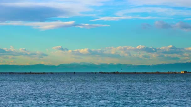 Бескрайнее синее волнистое море с далеким пляжем утром — стоковое видео