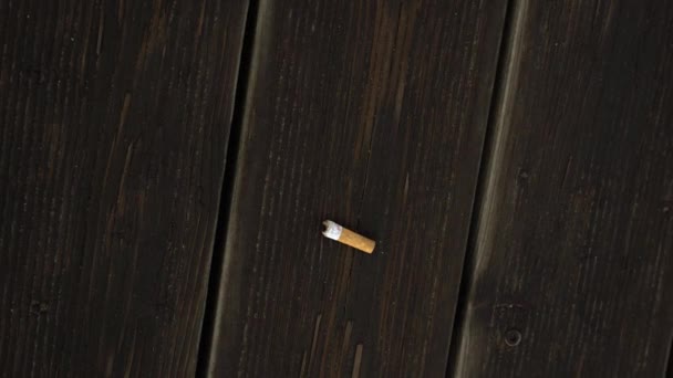Motion to small cigarette butt lying on wooden walkway — Stockvideo