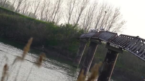 Tubo de metal cruza sobre un río — Vídeos de Stock