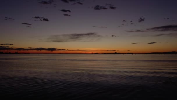 Mer avec eau ondulante avec oiseaux volant dans le ciel au coucher du soleil — Video