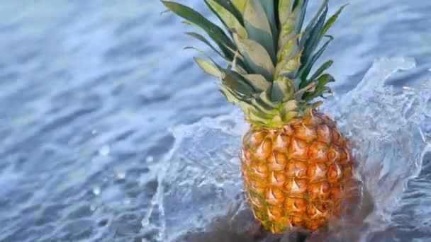 Ananas jest wyrzucany przez falę morską na plaży. — Wideo stockowe