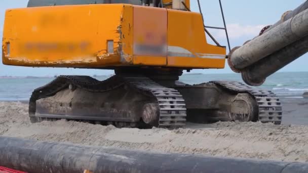 Excavatrice sur chenilles transporte des marchandises sur la plage — Video