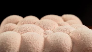 Küreler biçimindeki pasta siyah arkaplan üzerinde döner