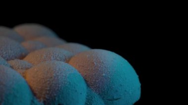 Siyah arka planda renkli ışıklarla aydınlatılmış lezzetli bir pasta.