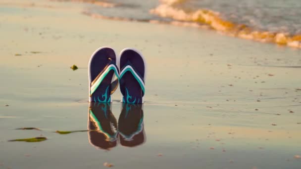 Chanclas azules en la playa reflectante — Vídeo de stock