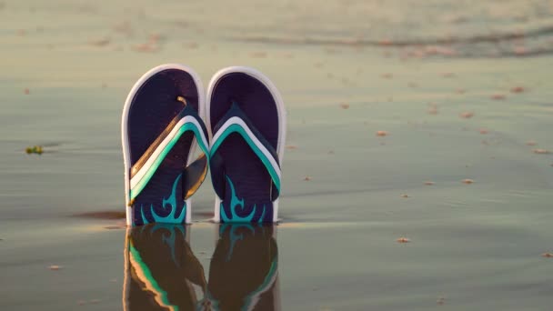 Slippers for the feet in the sand at the beach — Stock Video