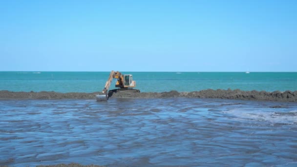 Une excavatrice travaille sur le sable à la plage — Video