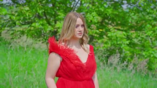 Hermosa chica con vestido rojo camina entre la naturaleza verde — Vídeos de Stock