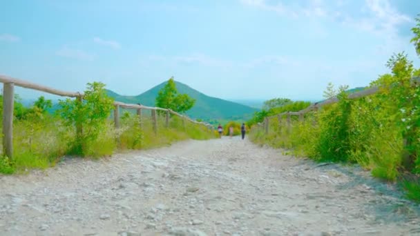 Panoramisch pad om te wandelen tussen de groene natuur van de heuvels — Stockvideo