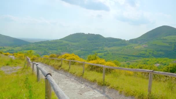 Passo a passo entre a natureza verde e colinas — Vídeo de Stock