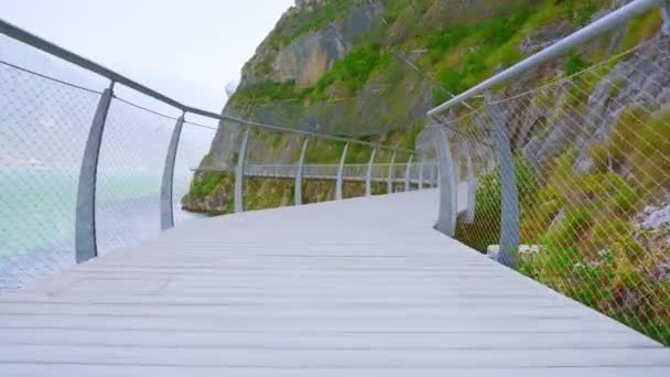 Voetgangers- en fietspad met panoramisch uitzicht op het meer — Stockvideo