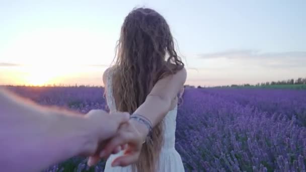 Flicka med pojkar hand promenader på lavendel fältet — Stockvideo