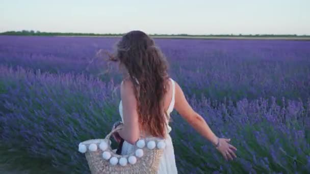 Dziewczyna spacery w pobliżu fioletowy lawendy pole — Wideo stockowe