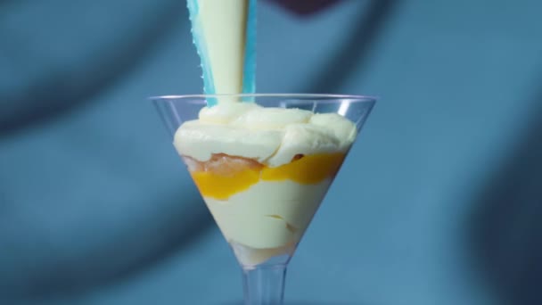 Custard en mango worden in het glas gedaan met lievevingers — Stockvideo