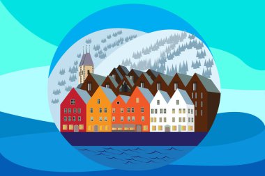 Bergen, Norveç. Norveç, Bergen 'deki tarihi binaların manzarası. UNESCO Dünya Mirası Alanı. Kışın Bergen 'deki Hanseatik evleri.