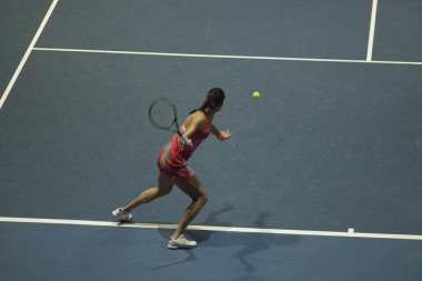 Tenis oynayan genç bir kadın.