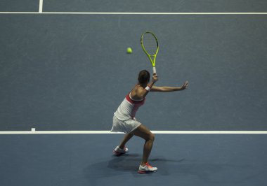 Tenis oynayan genç bir kadın.