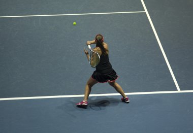 Tenis oynayan genç bir kadın.