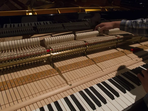 man tunes a piano